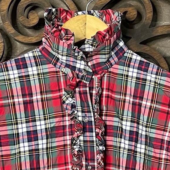 Plaid Ruffle Blouse Sz 10 Vintage Red Green Preppy Academia 1980s Chic - Picture 10 of 16